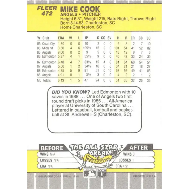 1989 Fleer #472 Mike Cook EX Excellent RC Rookie California Angels Baseball Card - Baseball Card Single