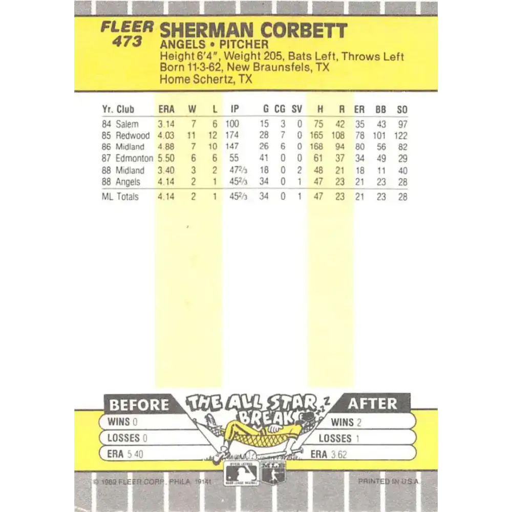 1989 Fleer #473 Sherman Corbett EX Excellent RC Rookie California Angels Baseball Card - Baseball Card Single