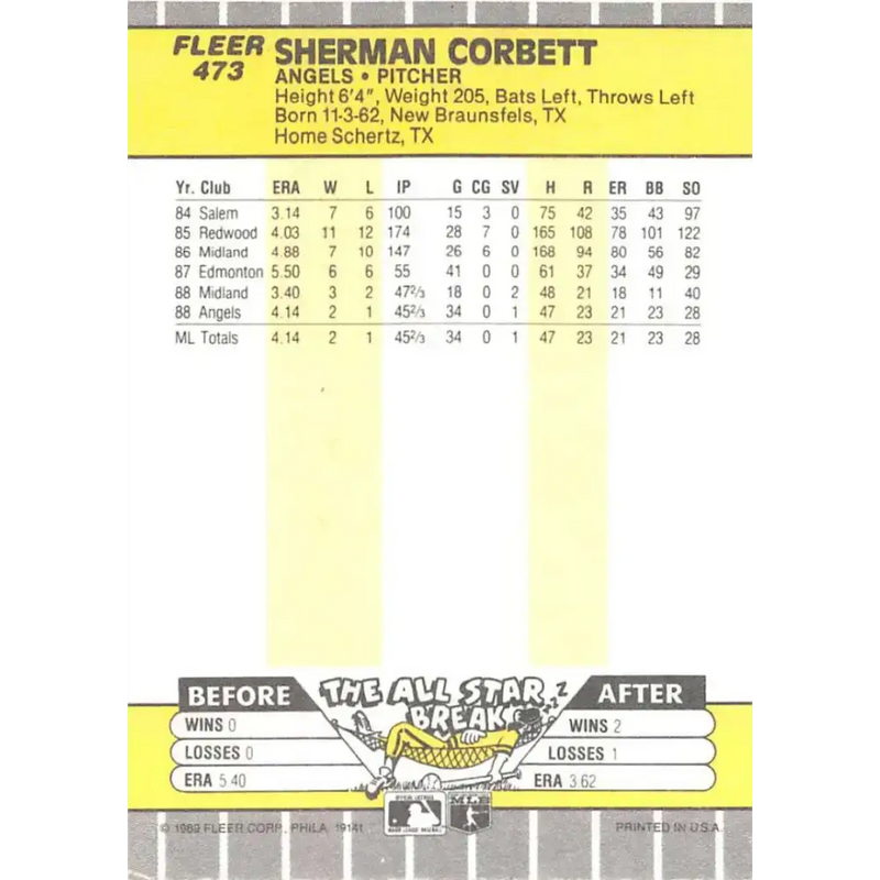 1989 Fleer #473 Sherman Corbett EX Excellent RC Rookie California Angels Baseball Card - Baseball Card Single