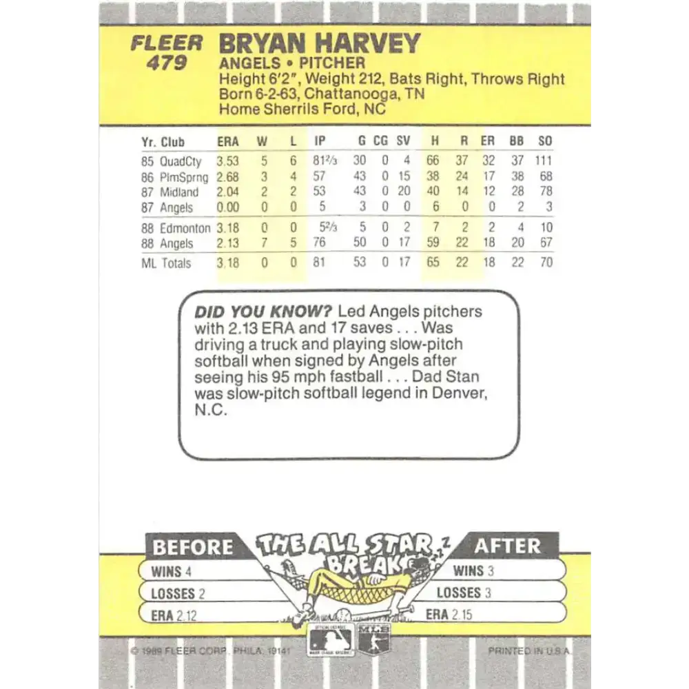 1989 Fleer #479 Bryan Harvey EX Excellent RC Rookie California Angels Baseball Card - Baseball Card Single