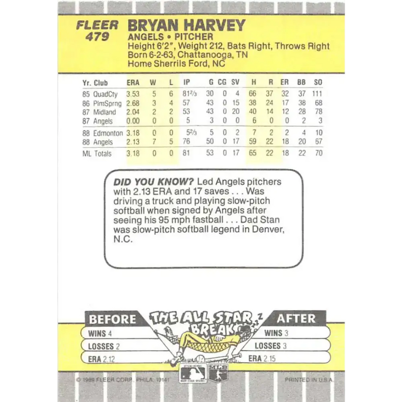 1989 Fleer #479 Bryan Harvey EX Excellent RC Rookie California Angels Baseball Card - Baseball Card Single