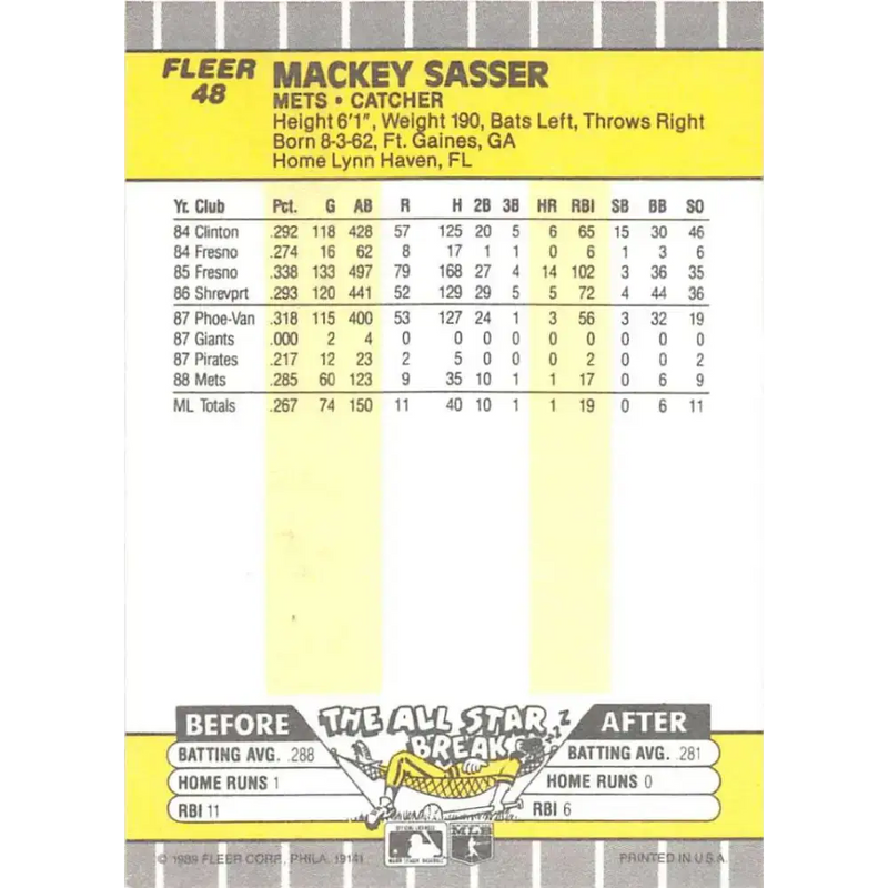 1989 Fleer #48 Mackey Sasser EX Excellent New York Mets Baseball Card