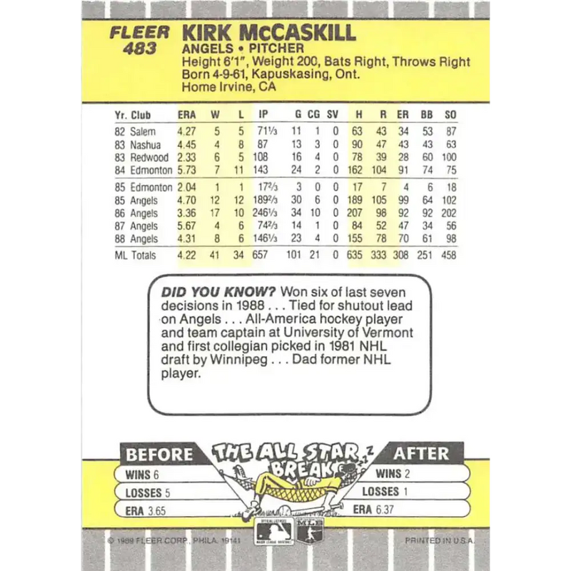 1989 Fleer #483 Kirk McCaskill EX Excellent California Angels Baseball Card - Baseball Card Single