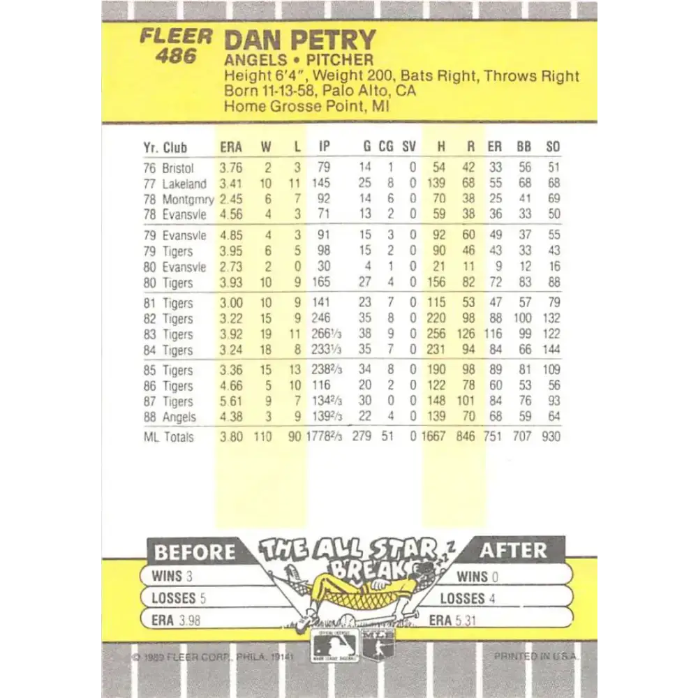 1989 Fleer #486 Dan Petry EX Excellent California Angels Baseball Card - Baseball Card Single