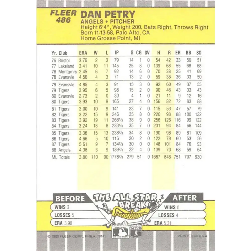 1989 Fleer #486 Dan Petry EX Excellent California Angels Baseball Card - Baseball Card Single