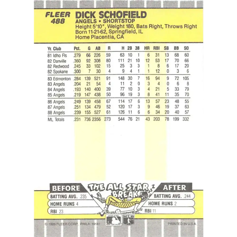 1989 Fleer #488 Dick Schofield EX Excellent California Angels Baseball Card - Baseball Card Single