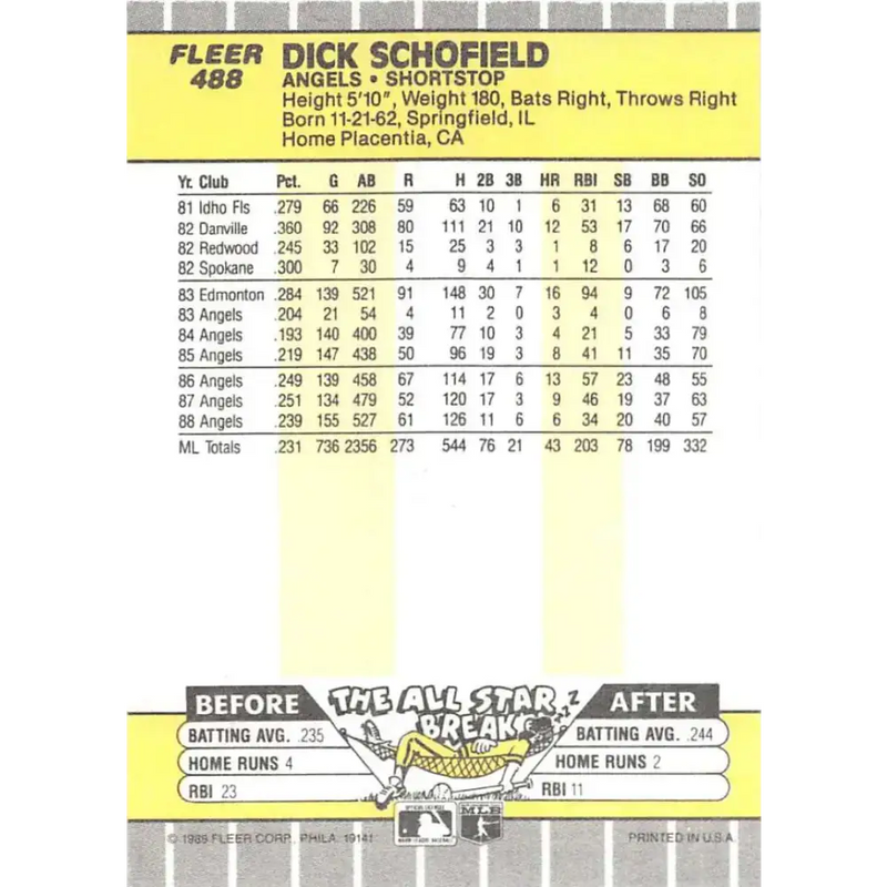 1989 Fleer #488 Dick Schofield EX Excellent California Angels Baseball Card - Baseball Card Single