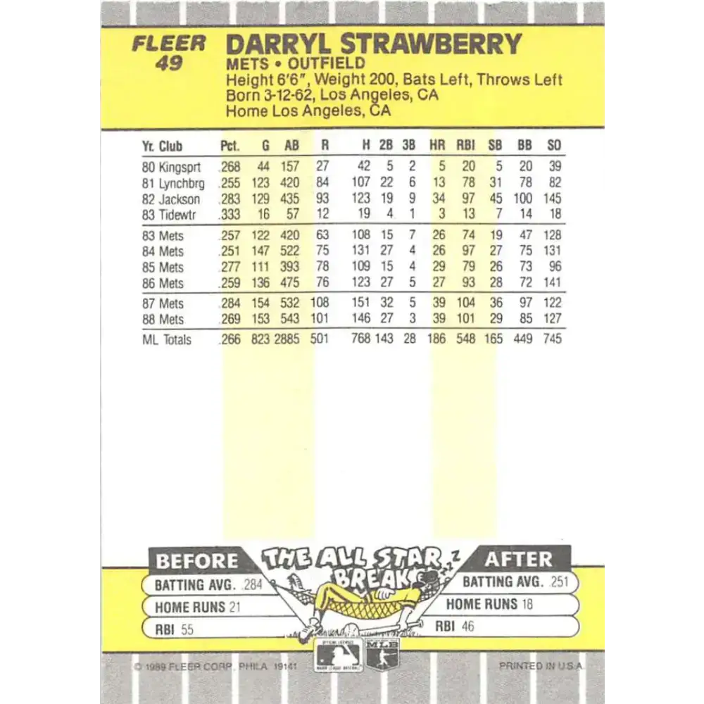 1989 Fleer #49 Darryl Strawberry EX Excellent New York Mets Baseball Card - Baseball Card Single