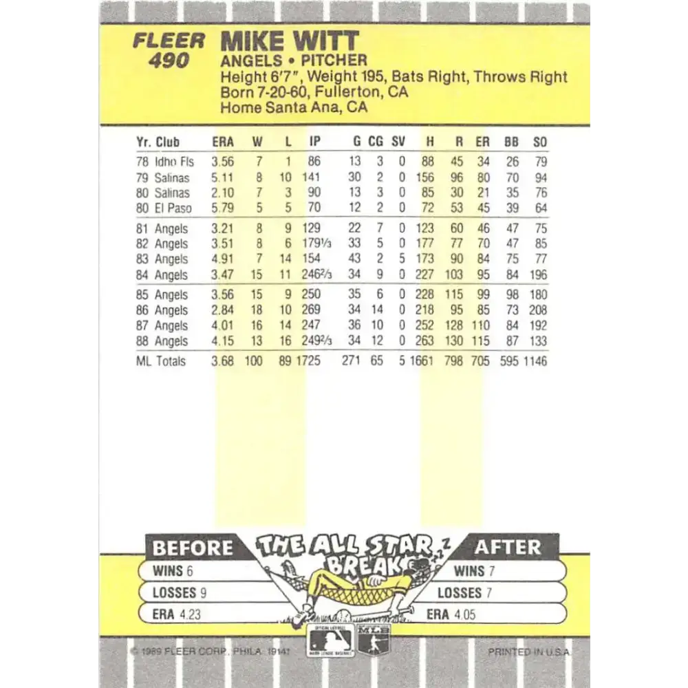 1989 Fleer #490 Mike Witt EX Excellent California Angels Baseball Card - Baseball Card Single
