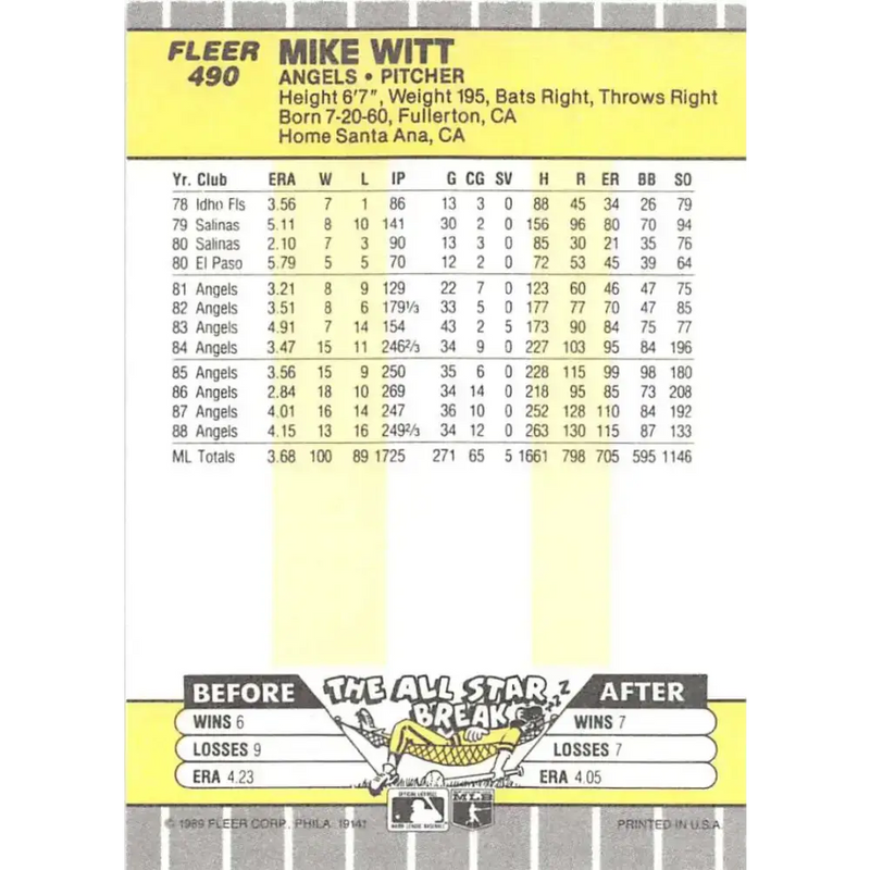 1989 Fleer #490 Mike Witt EX Excellent California Angels Baseball Card - Baseball Card Single