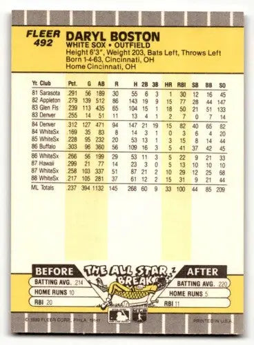 Original gloss Chicago White Sox Daryl Boston baseball card from 1989 Fleer #492