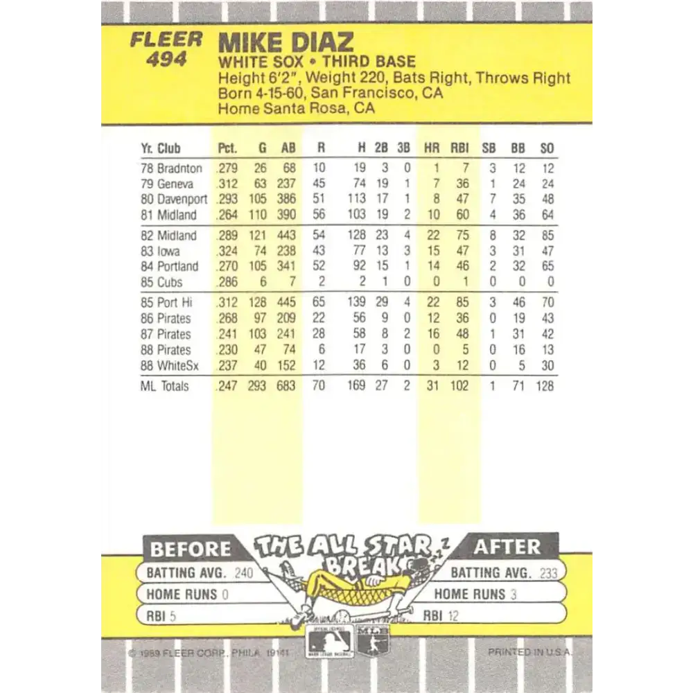1989 Fleer #494 Mike Diaz EX Excellent Chicago White Sox Baseball Card - Baseball Card Single