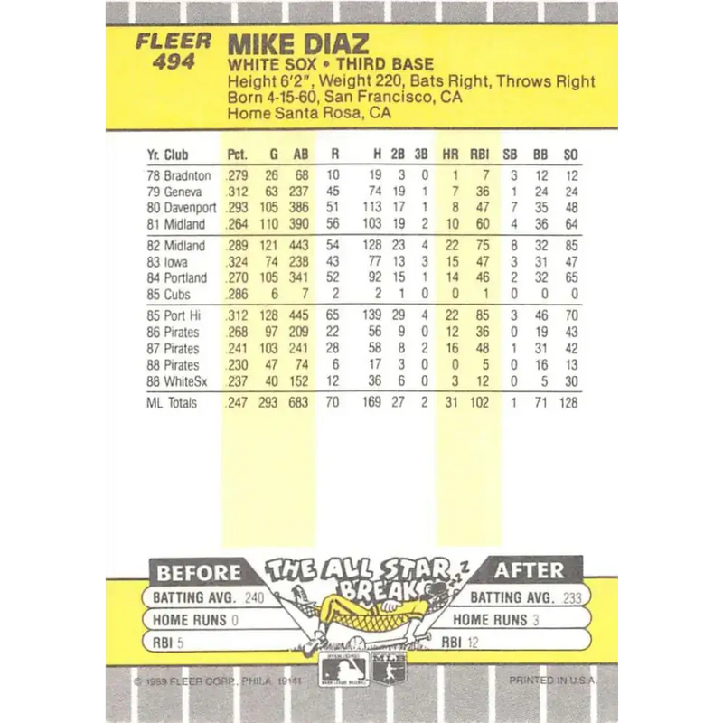 1989 Fleer #494 Mike Diaz EX Excellent Chicago White Sox Baseball Card - Baseball Card Single