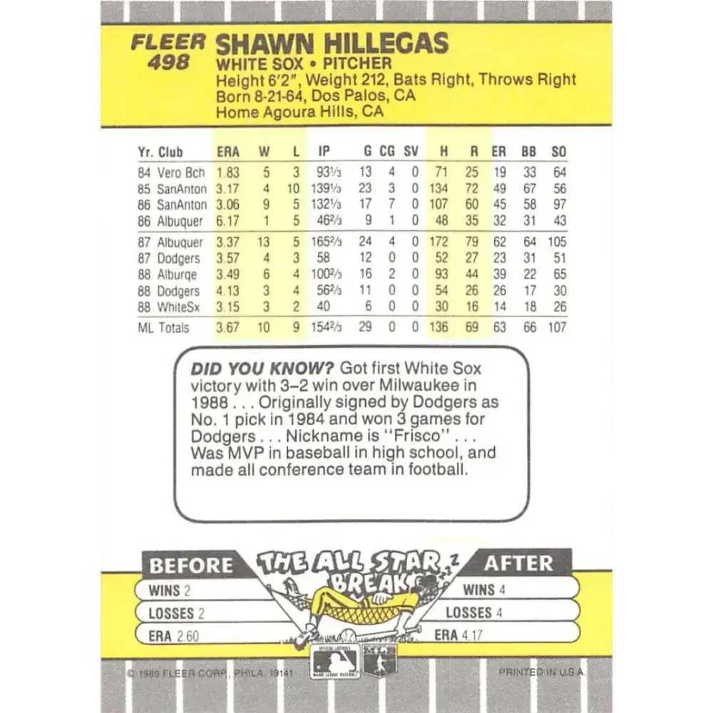 1989 Fleer #498 Shawn Hillegas EX Excellent Chicago White Sox Baseball Card - Baseball Card Single