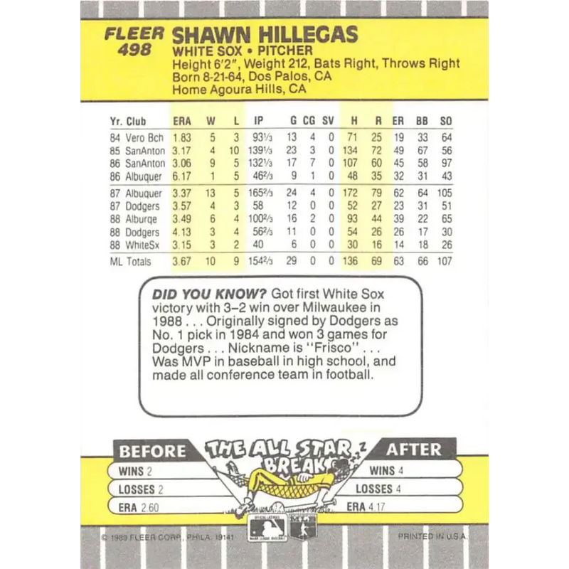 1989 Fleer #498 Shawn Hillegas EX Excellent Chicago White Sox Baseball Card - Baseball Card Single