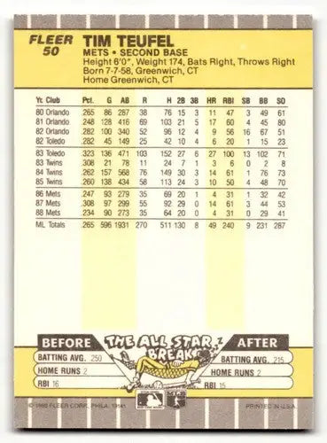 Original gloss Tim Teufel Mets baseball card from 1989 Fleer #50 NM Near Mint