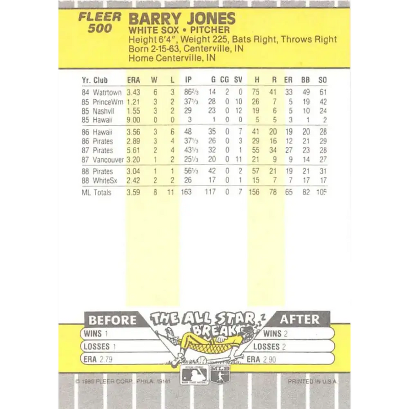 1989 Fleer #500 Barry Jones EX Excellent Chicago White Sox Baseball Card - Baseball Card Single
