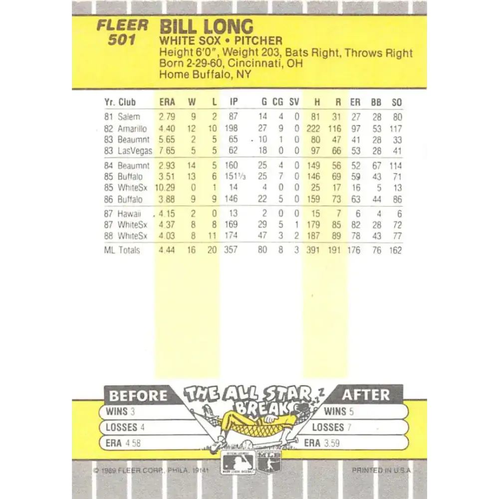 1989 Fleer #501 Bill Long EX Excellent Chicago White Sox Baseball Card