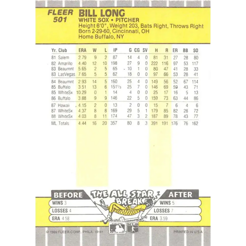 1989 Fleer #501 Bill Long EX Excellent Chicago White Sox Baseball Card
