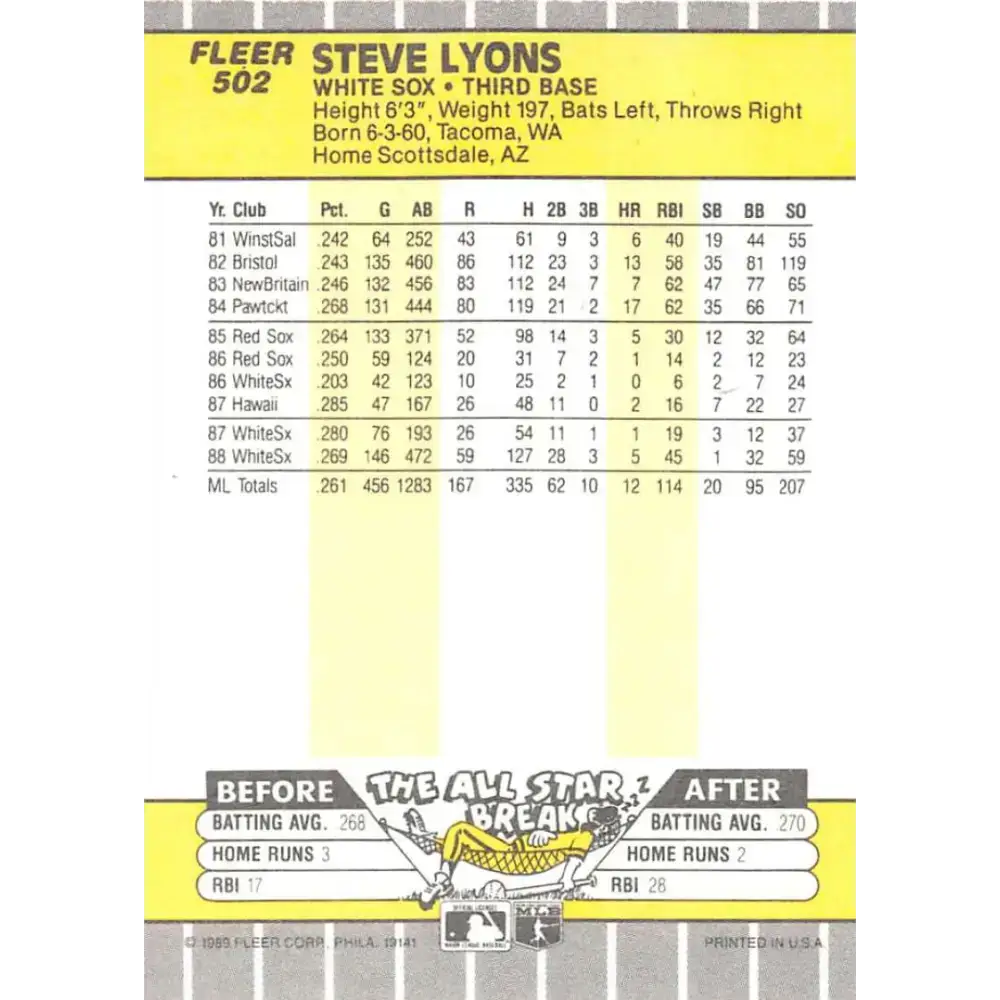 1989 Fleer #502 Steve Lyons EX Excellent Chicago White Sox Baseball Card - Baseball Card Single