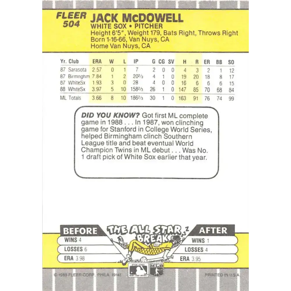 1989 Fleer #504 Jack McDowell EX Excellent Chicago White Sox Baseball Card - Baseball Card Single