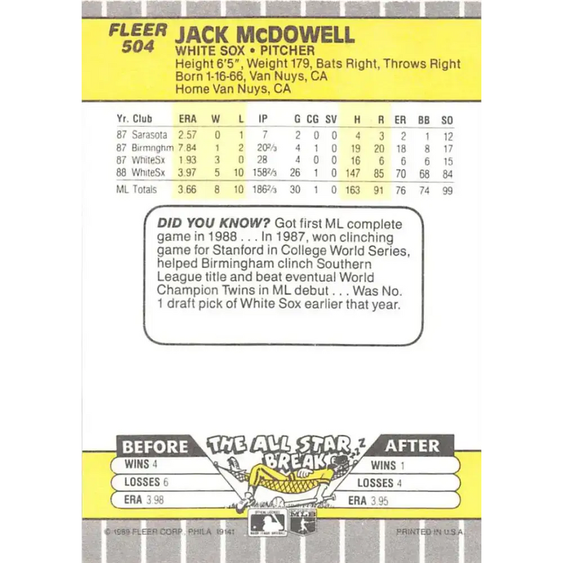 1989 Fleer #504 Jack McDowell EX Excellent Chicago White Sox Baseball Card - Baseball Card Single