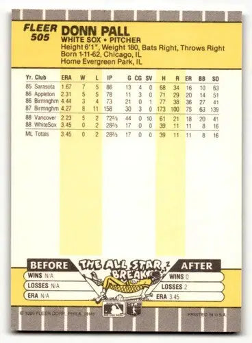Original gloss Donn Pall Chicago White Sox baseball card in 1989 Fleer #505 NM near mint