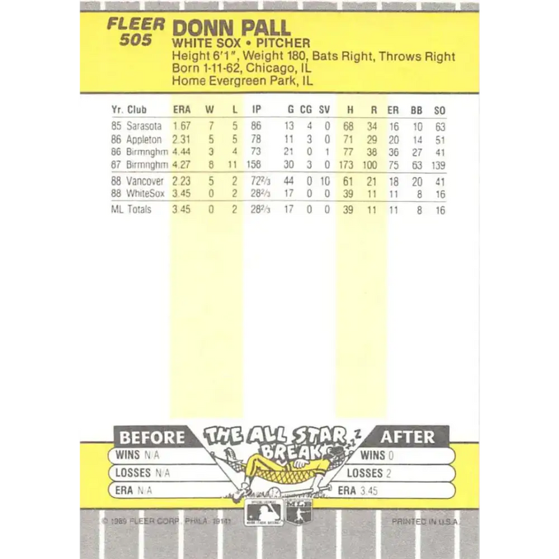 1989 Fleer #505 Donn Pall EX Excellent RC Rookie Chicago White Sox Baseball Card - Baseball Card Single