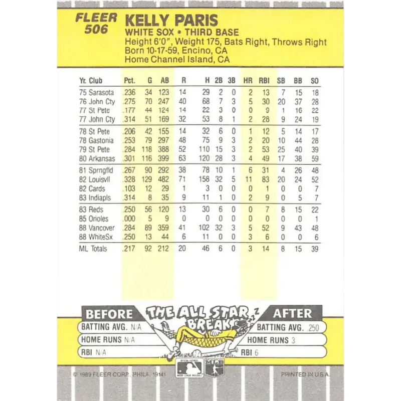 1989 Fleer #506 Kelly Paris EX Excellent Chicago White Sox Baseball Card - Baseball Card Single