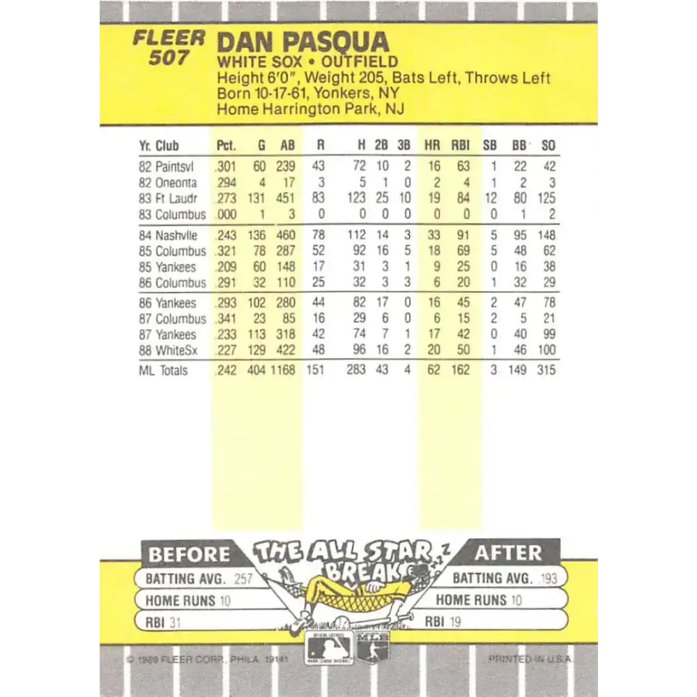 1989 Fleer #507 Dan Pasqua EX Excellent Chicago White Sox Baseball Card - Baseball Card Single