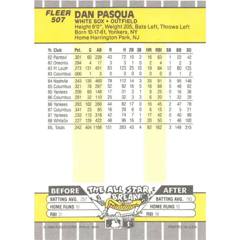 1989 Fleer #507 Dan Pasqua EX Excellent Chicago White Sox Baseball Card - Baseball Card Single