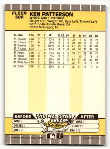 Original gloss Ken Patterson Chicago White Sox baseball card from 1989 Fleer series
