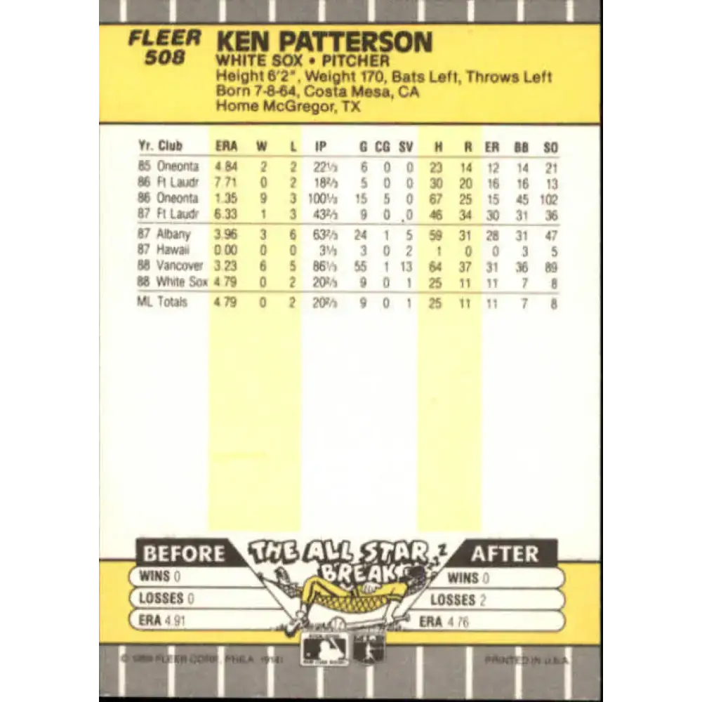 1989 Fleer #508 Ken Patterson EX Excellent Chicago White Sox Baseball Card - Baseball Card Single