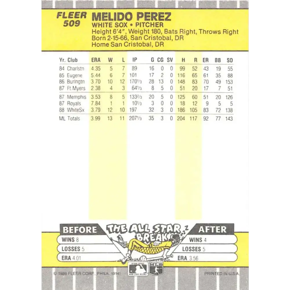1989 Fleer #509 Melido Perez EX Excellent Chicago White Sox Baseball Card - Baseball Card Single