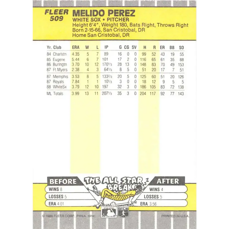 1989 Fleer #509 Melido Perez EX Excellent Chicago White Sox Baseball Card - Baseball Card Single