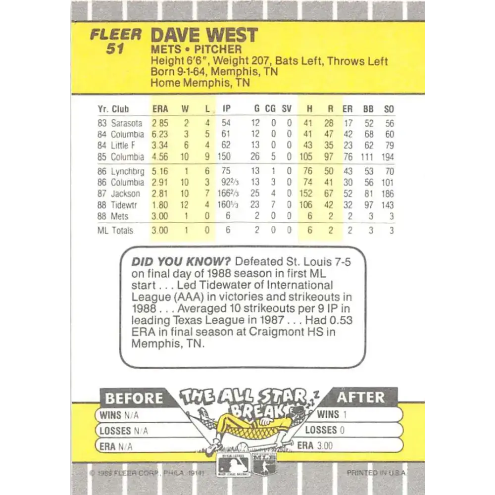 1989 Fleer #51 David West EX Excellent RC Rookie New York Mets Baseball Card - Baseball Card Single