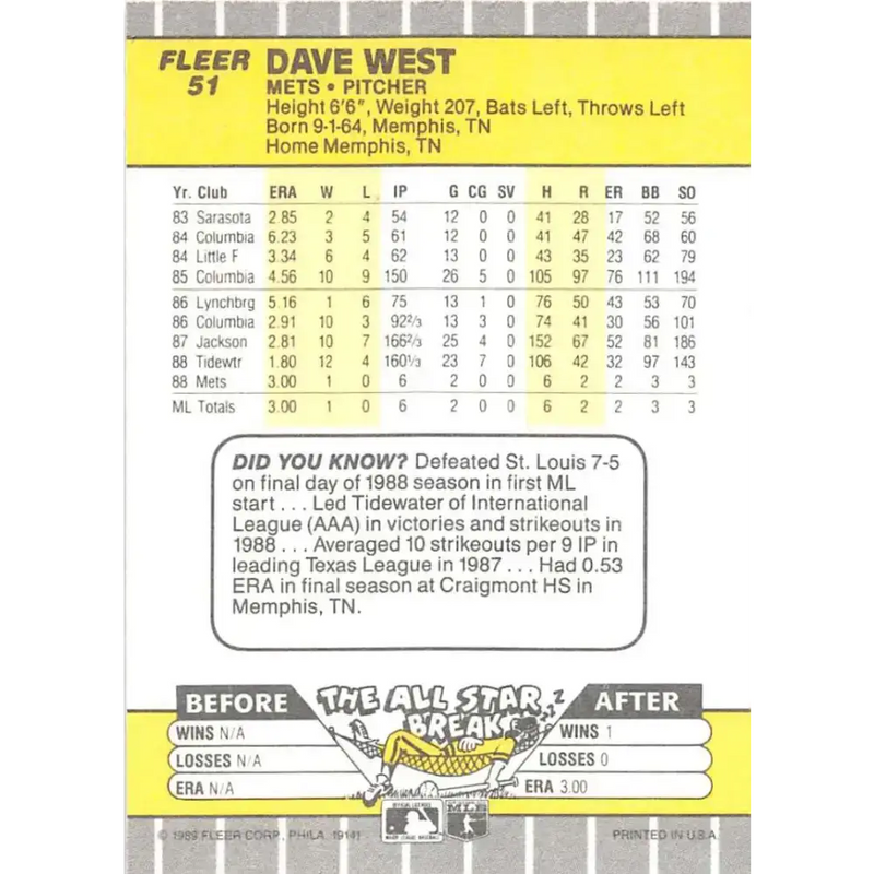 1989 Fleer #51 David West EX Excellent RC Rookie New York Mets Baseball Card - Baseball Card Single