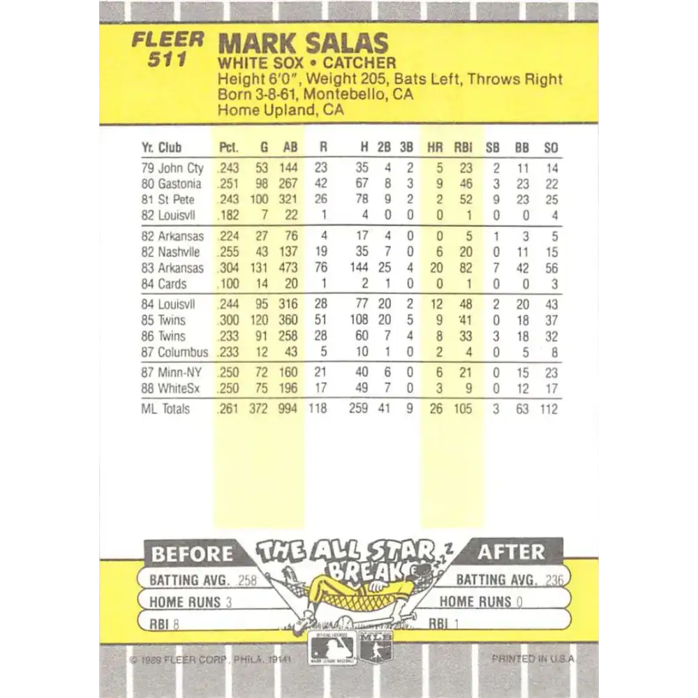 1989 Fleer #511 Mark Salas EX Excellent Chicago White Sox Baseball Card - Baseball Card Single