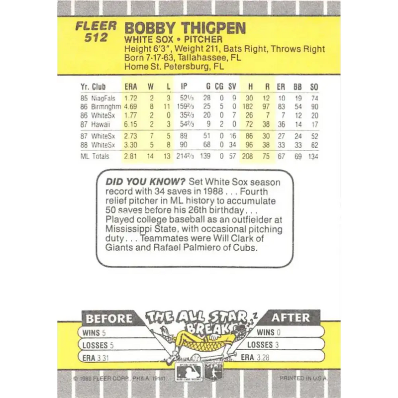 1989 Fleer #512 Bobby Thigpen EX Excellent Chicago White Sox Baseball Card - Baseball Card Single