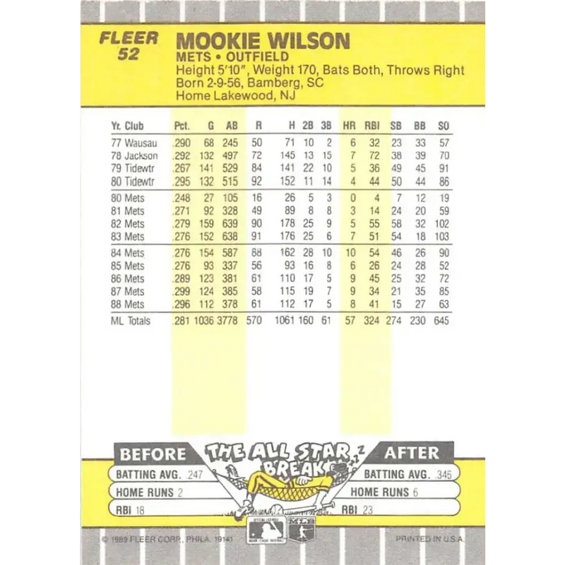 1989 Fleer #52 Mookie Wilson EX Excellent New York Mets Baseball Card - Baseball Card Single