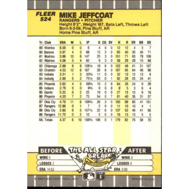 1989 Fleer #524 Mike Jeffcoat EX Excellent Texas Rangers Baseball Card - Baseball Card Single