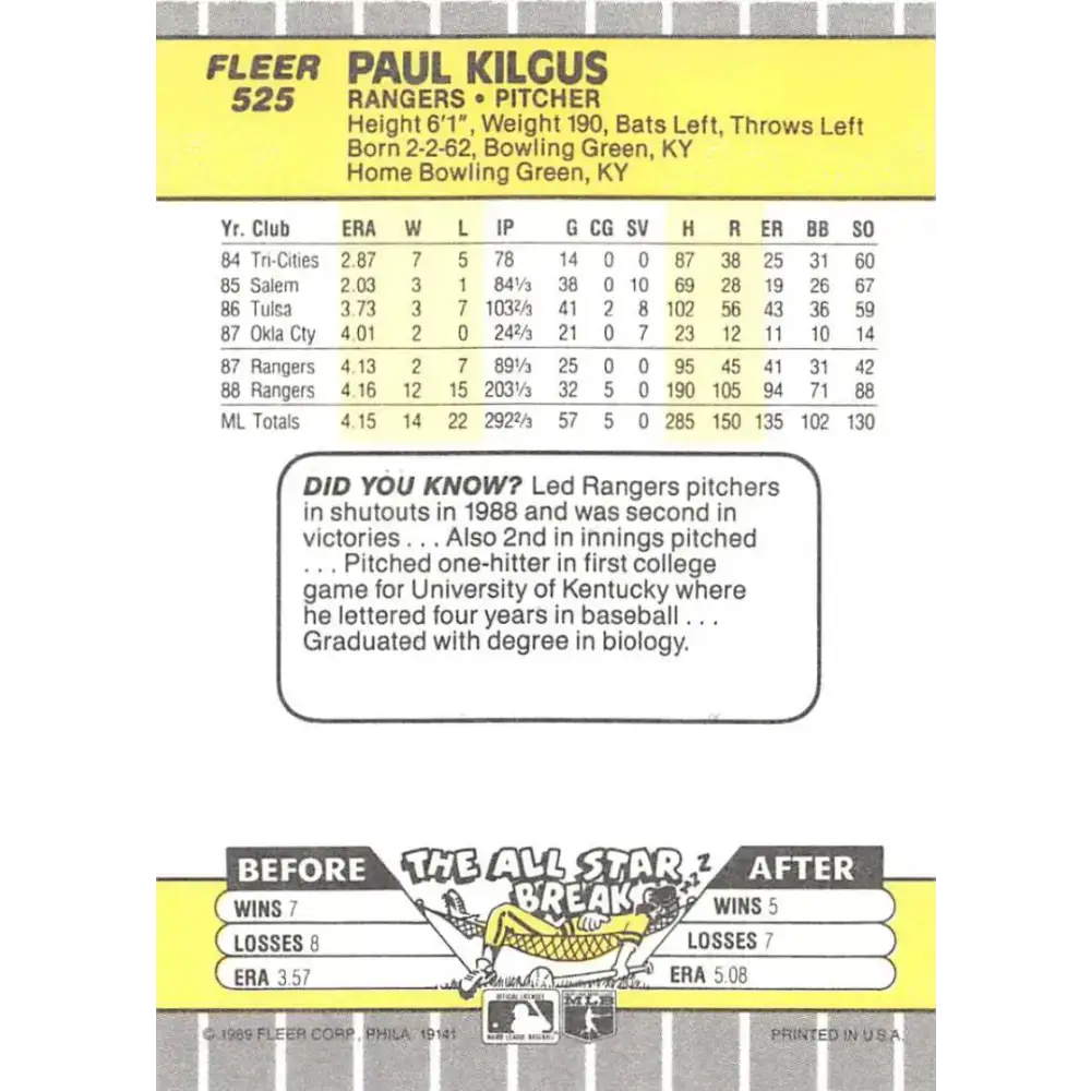 1989 Fleer #525 Paul Kilgus EX Excellent Texas Rangers Baseball Card - Baseball Card Single