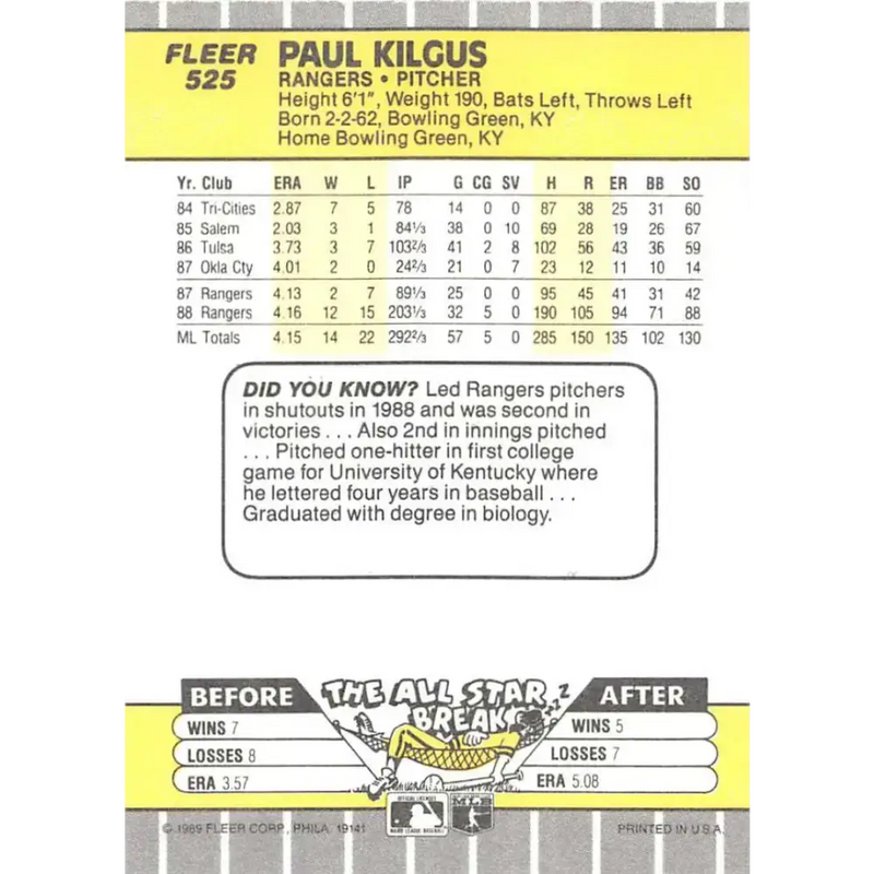 1989 Fleer #525 Paul Kilgus EX Excellent Texas Rangers Baseball Card - Baseball Card Single