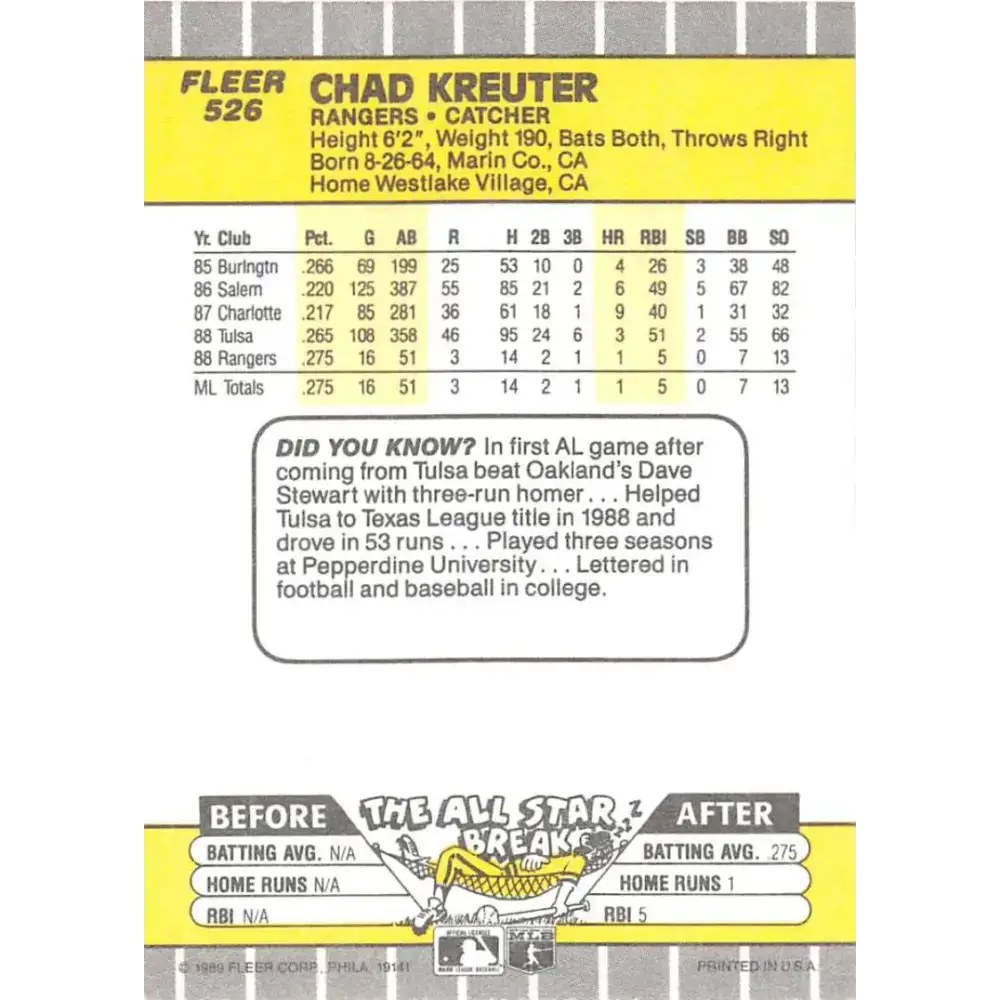 1989 Fleer #526 Chad Kreuter EX Excellent RC Rookie Texas Rangers Baseball Card - Baseball Card Single