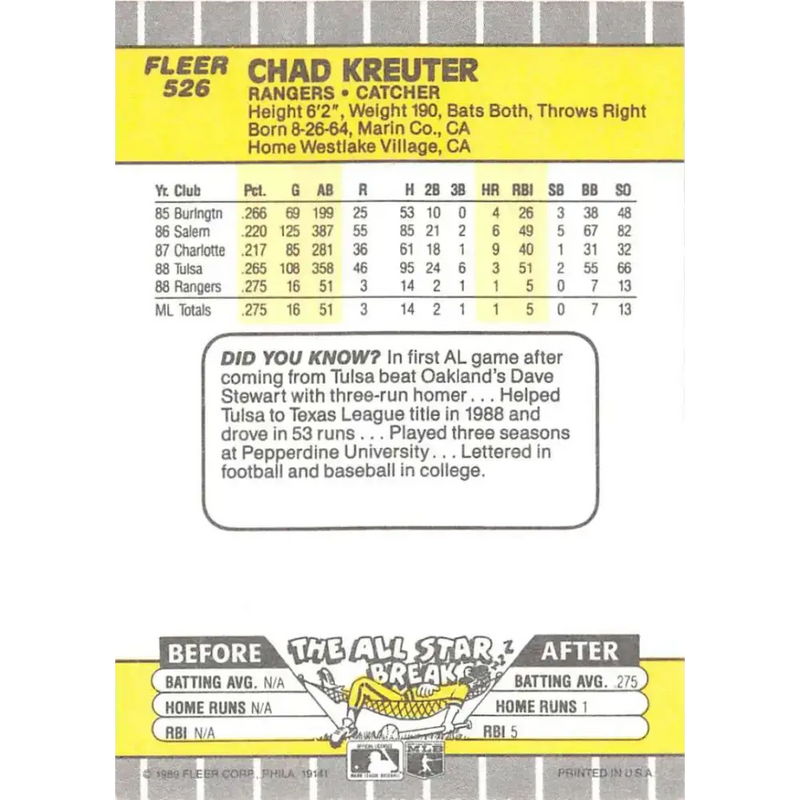 1989 Fleer #526 Chad Kreuter EX Excellent RC Rookie Texas Rangers Baseball Card - Baseball Card Single