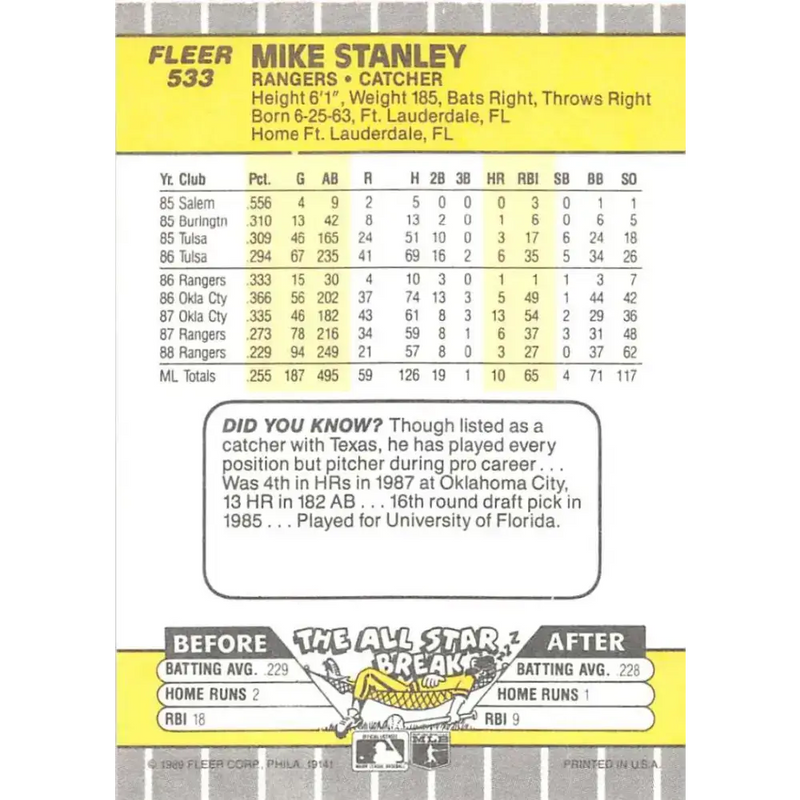 1989 Fleer #533 Mike Stanley EX Excellent Texas Rangers Baseball Card - Baseball Card Single
