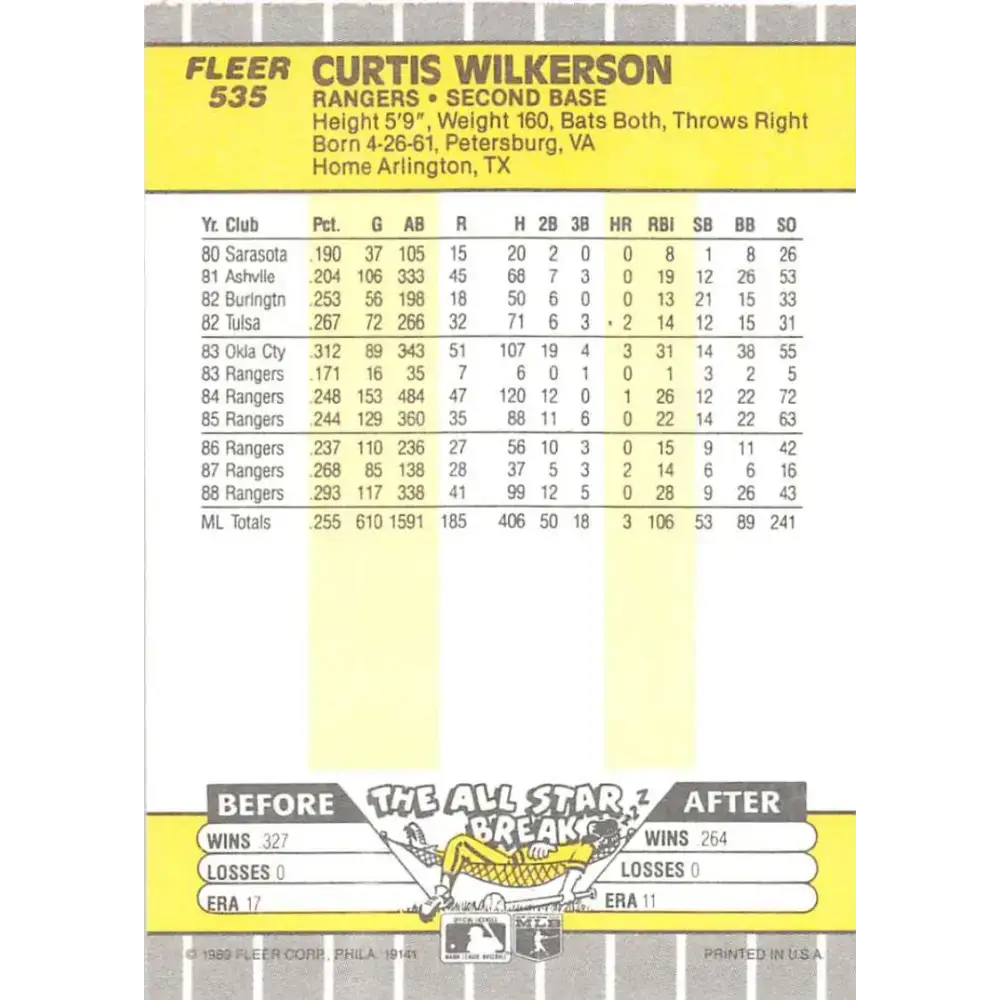 1989 Fleer #535 Curtis Wilkerson EX Excellent Texas Rangers Baseball Card - Baseball Card Single