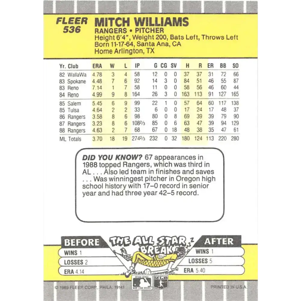 1989 Fleer #536 Mitch Williams EX Excellent Texas Rangers Baseball Card - Baseball Card Single