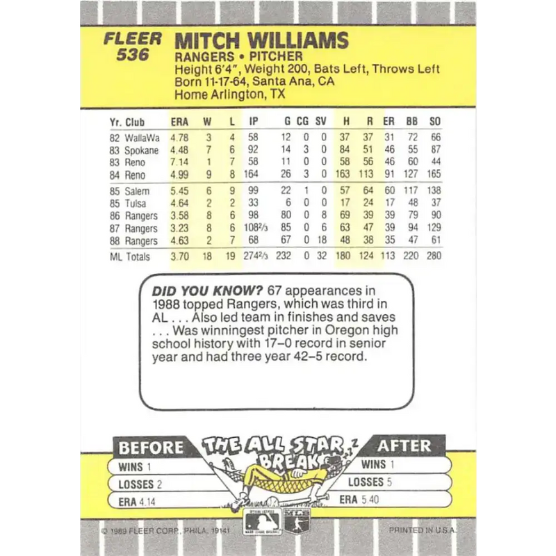1989 Fleer #536 Mitch Williams EX Excellent Texas Rangers Baseball Card - Baseball Card Single