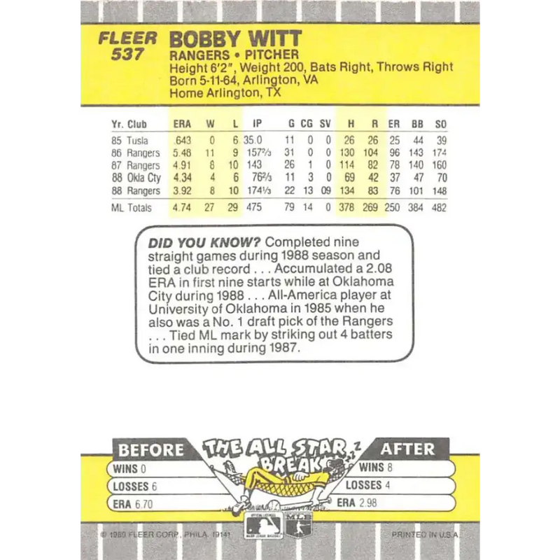 1989 Fleer #537 Bobby Witt EX Excellent Texas Rangers Baseball Card - Baseball Card Single